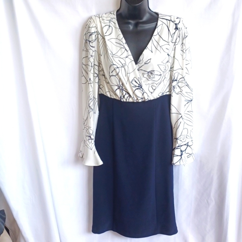 JOSEPH RIBKOFF WRAP FRONT DRESS, sz 6, navy & white